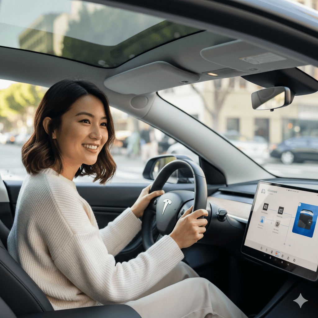 Driver at the wheel with the in-car wallet open on the vehicle touchscreen