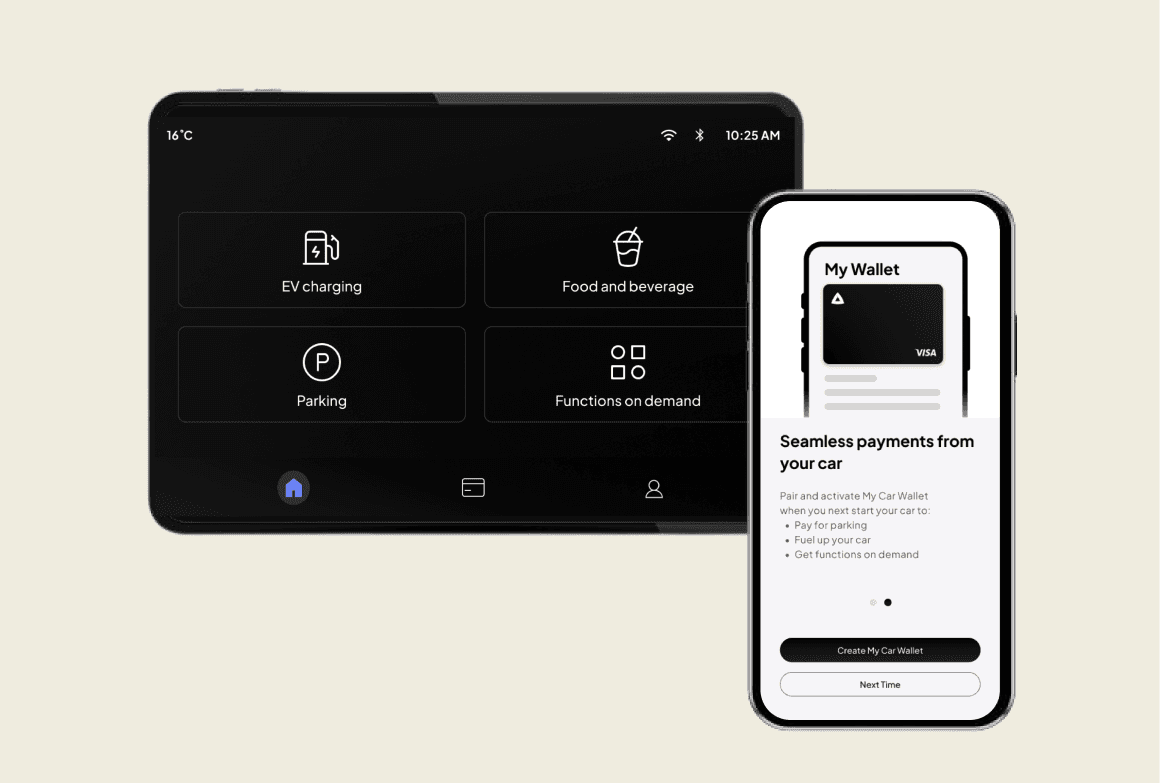 In-car infotainment home screen with EV charging, food and beverage, parking and functions on demand, beside a phone showing My Car Wallet