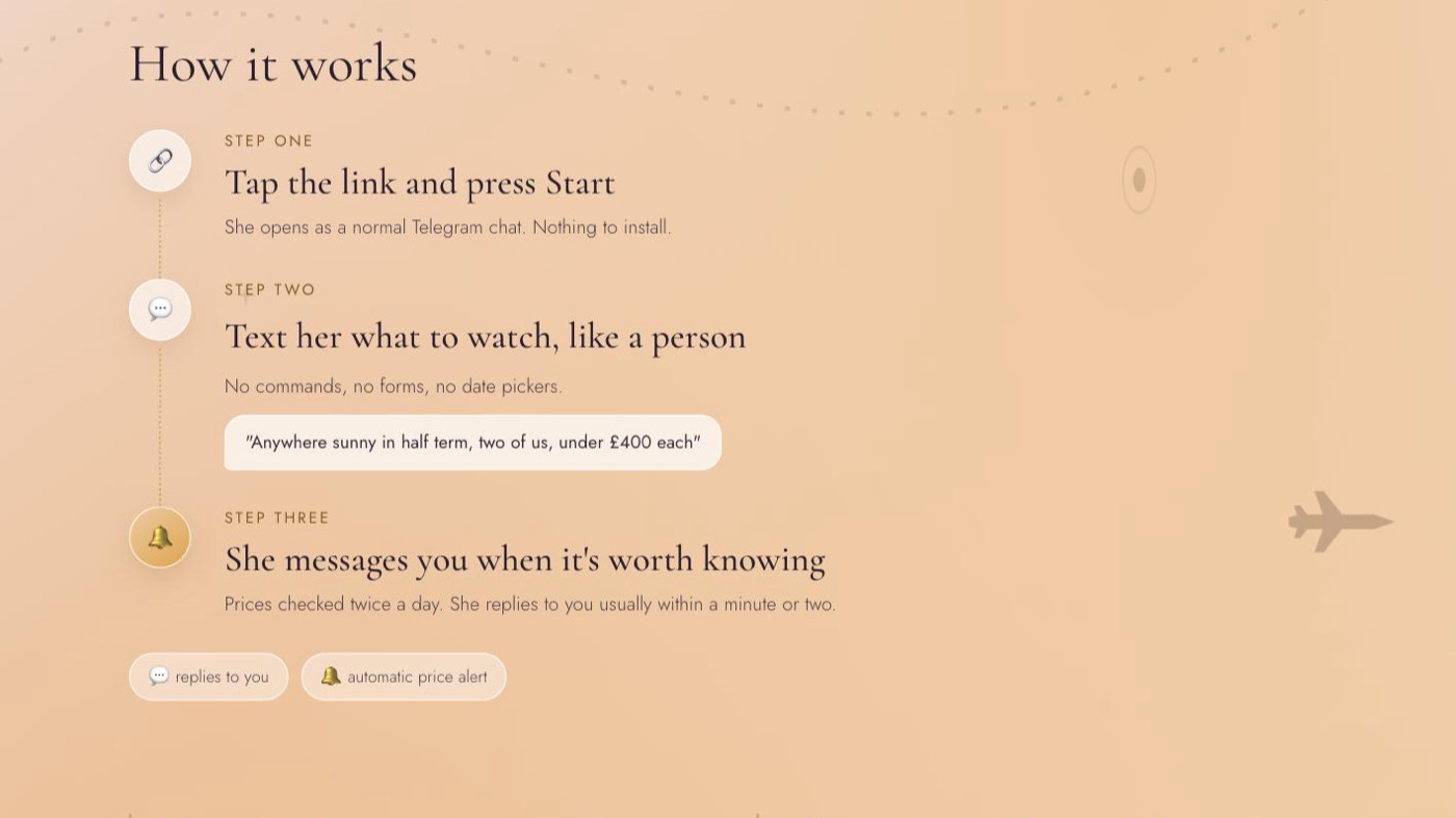 How it works — three steps from tapping the link to receiving a price alert
