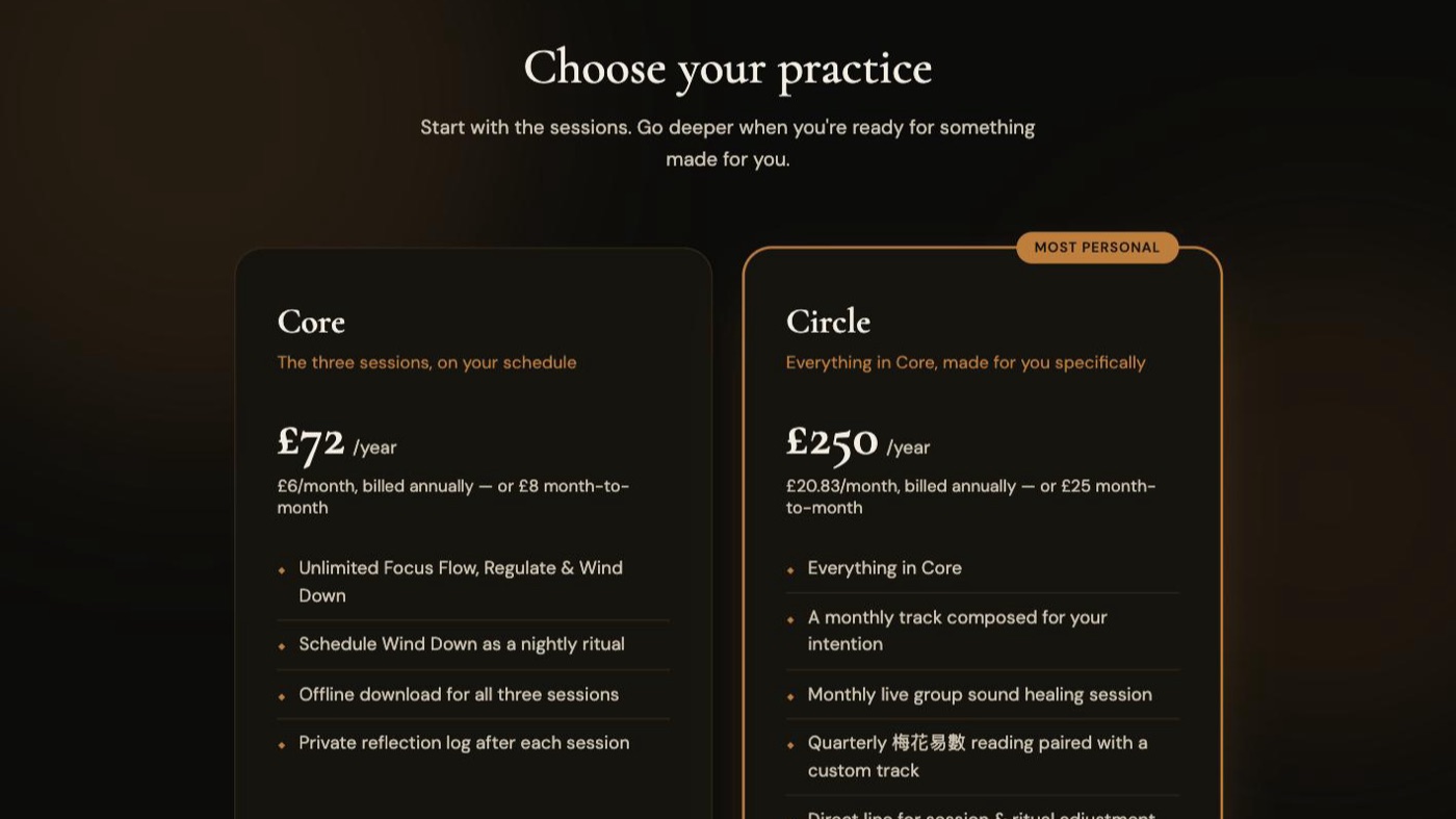 Pricing — Core at 72 pounds a year and Circle at 250 pounds a year with a most personal badge
