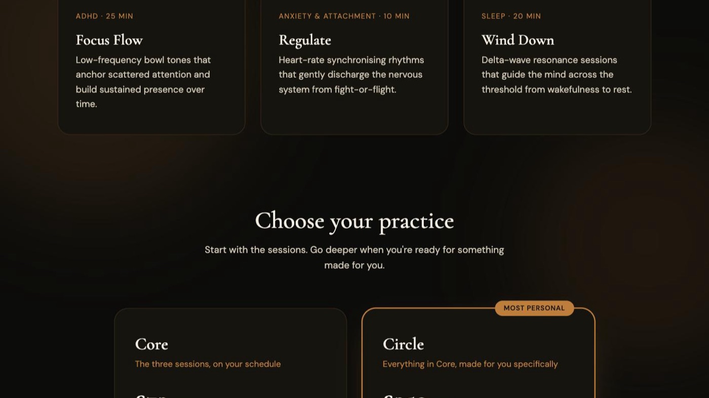 The three sessions — Focus Flow for ADHD, Regulate for anxiety and attachment, Wind Down for sleep