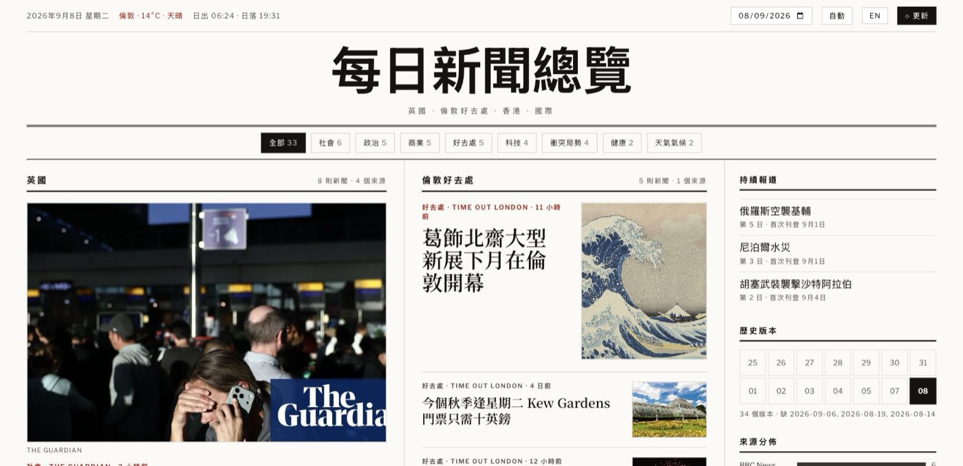 The same front page rendered in Cantonese, with headlines, summaries and interface labels all switched