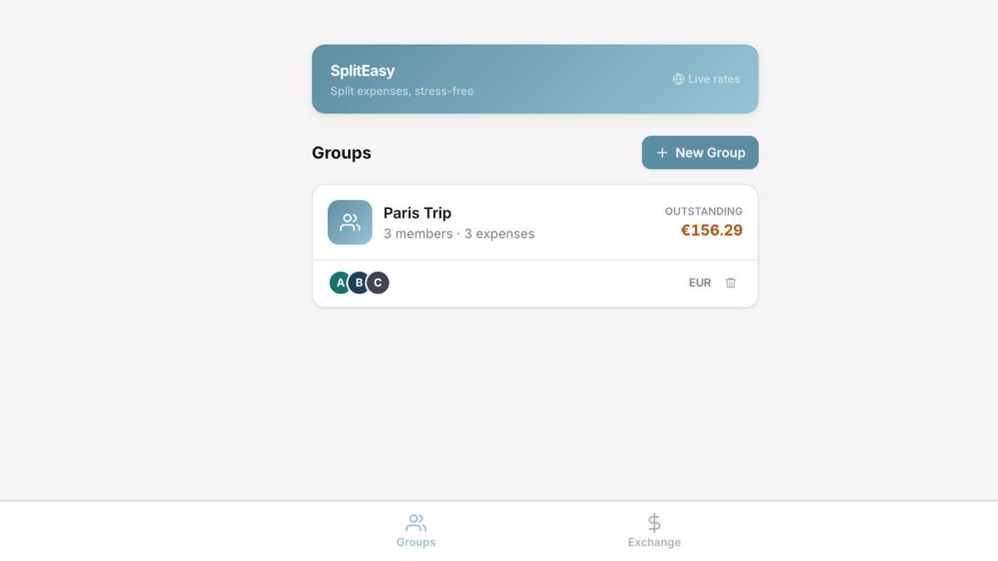 Groups list with one card per trip, showing members and what is still outstanding
