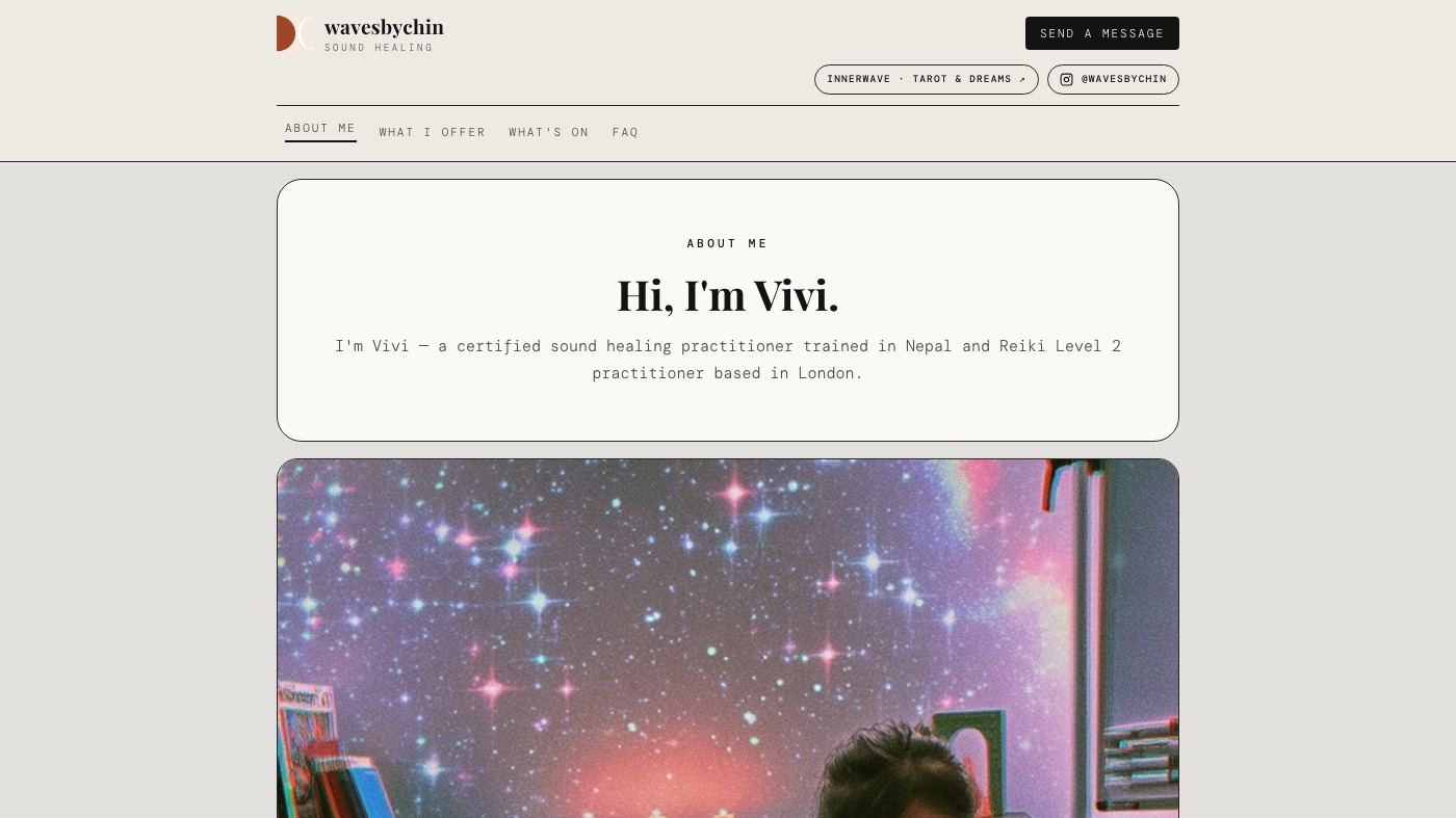 About me page introducing Vivi, a sound healing practitioner trained in Nepal and Reiki Level 2 practitioner based in London