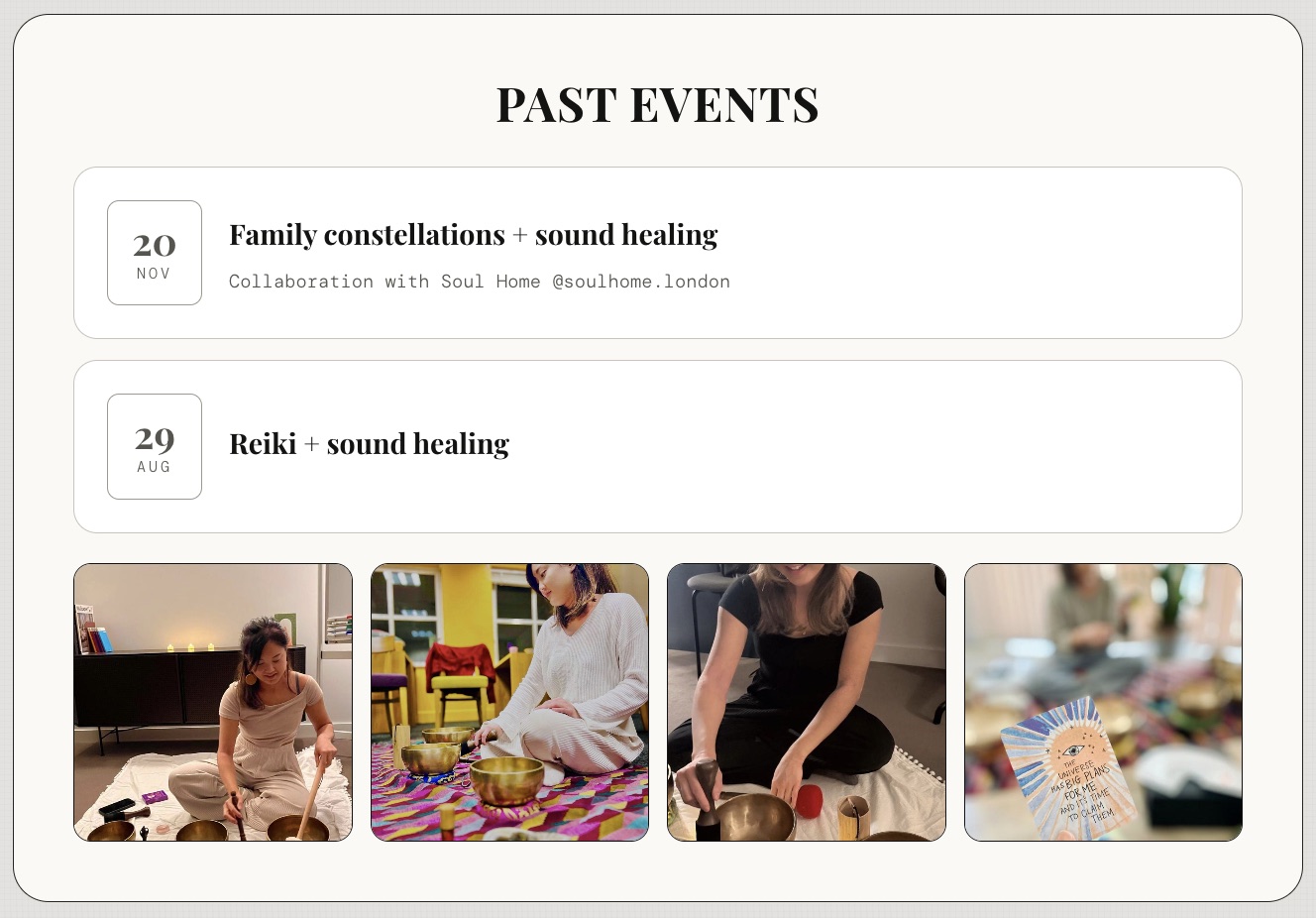 Past events list with two collaborations, above a photo grid of sound healing sessions in progress