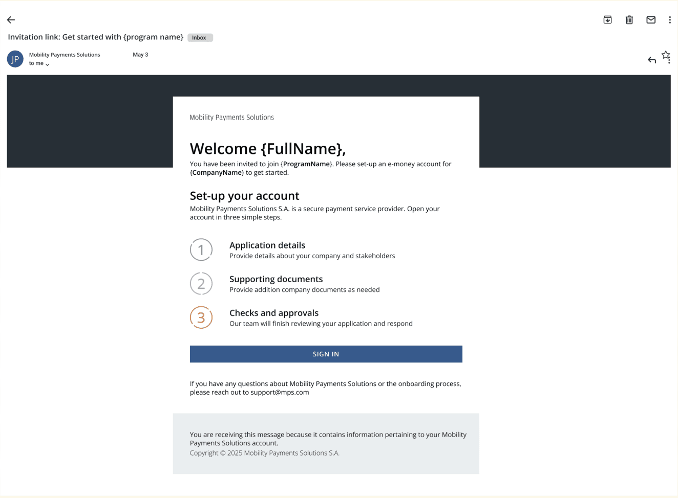 Merchant invitation email with a Sign In call to action and three account set-up steps