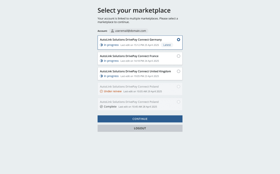 Select your marketplace screen listing multiple in-progress, under-review and complete applications