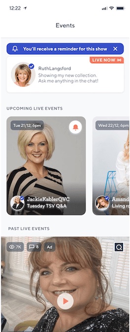 Events screen with upcoming live-stream widget and reminder banner