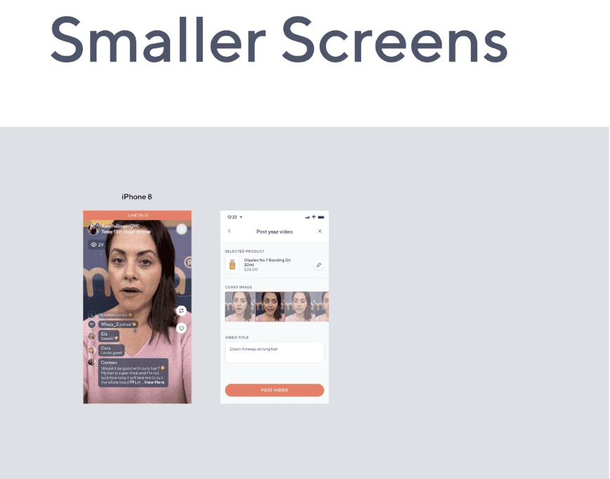 Smaller screens study showing the livestream and post-video screens on an iPhone 8