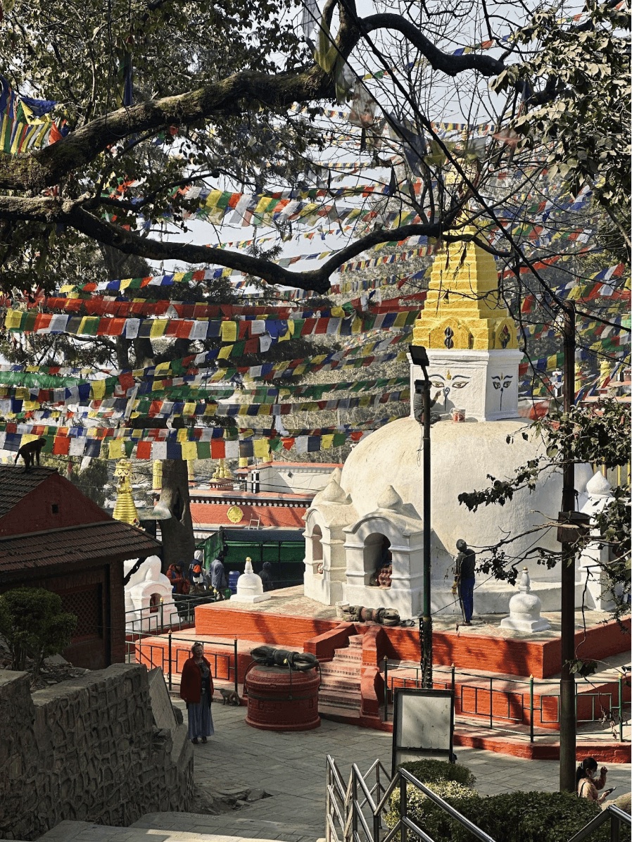 Prayer flags strung above a stupa
