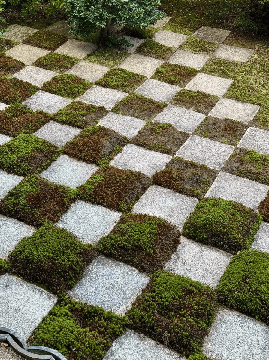 Checkerboard pattern of moss and stone tiles